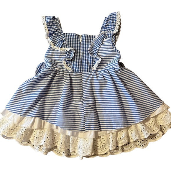 NWT Ibtom 80 Cotton Blue Stripe Eyelet Pinafore Lined Sleeveless Dress- Sz 9-18M - Picture 2 of 7